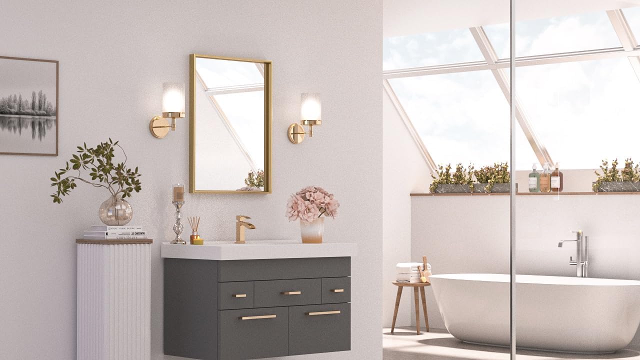 TETOTE Espejo de baño dorado cepillado de 16 x 24 pulgadas, espejo rectangular con marco dorado para sobre el fregadero, moderno espejo de pared
