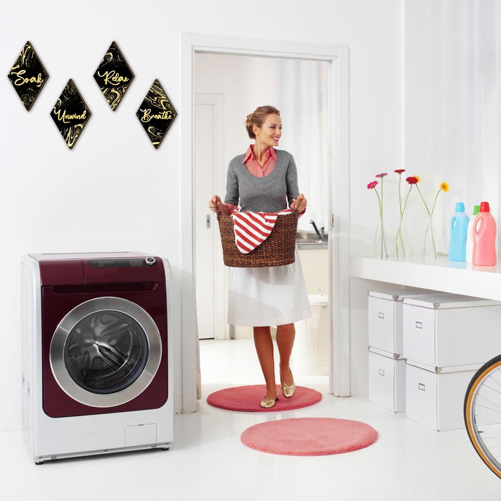 4 piezas de decoración de pared de baño, letreros de madera con forma de diamante, remojar, relajarse, respirar, estilo mármol, decoración artística