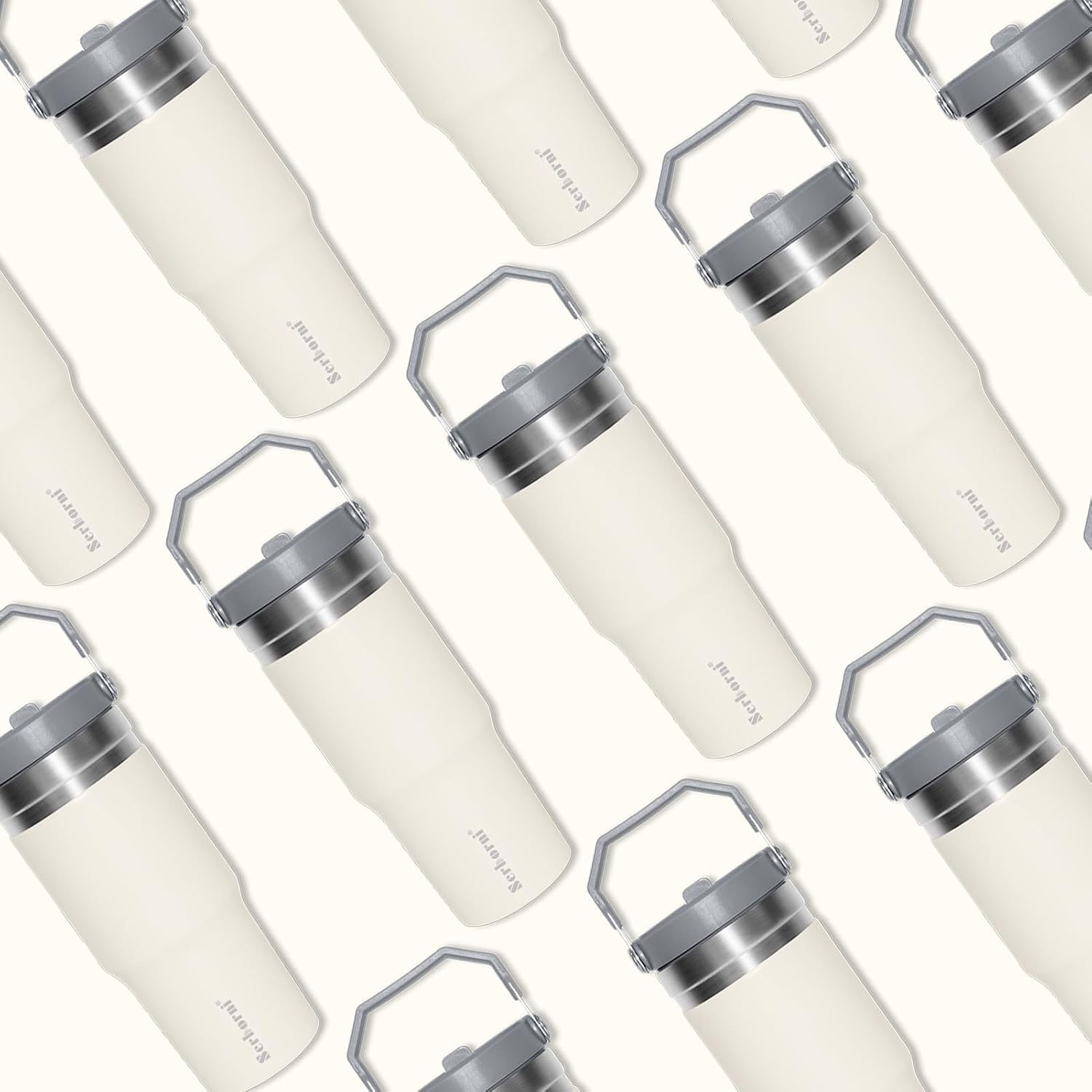 Vaso de 30 onzas con asa y tapa con popote, vasos aislados, portátiles de acero inoxidable, botellas al vacío para agua, simplemente moderno, (crema)