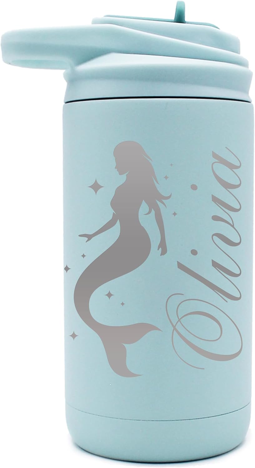 Botella de agua personalizada de 12 onzas para niños con pajilla, vaso aislado de doble pared para niños, niñas, escuela y deportes, grabado con