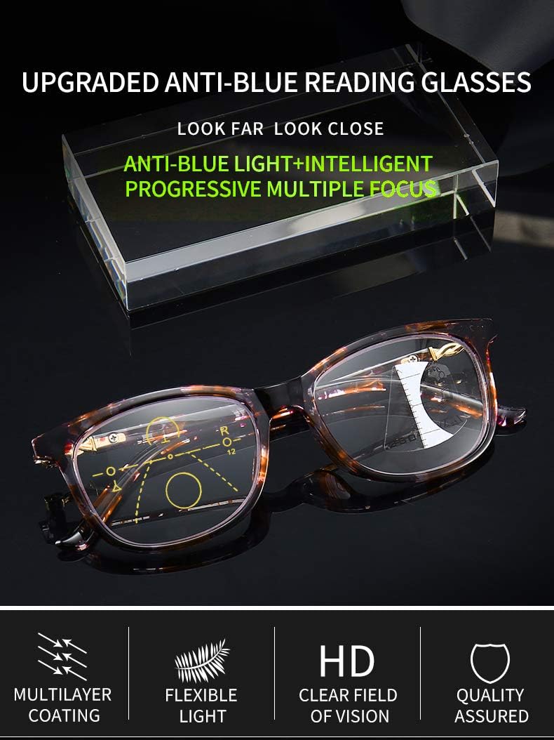 Gafas de lectura progresivas multienfoque para hombres y mujeres, sin línea, multifocales, lentes de lectura con bloqueo de luz azul, 100%