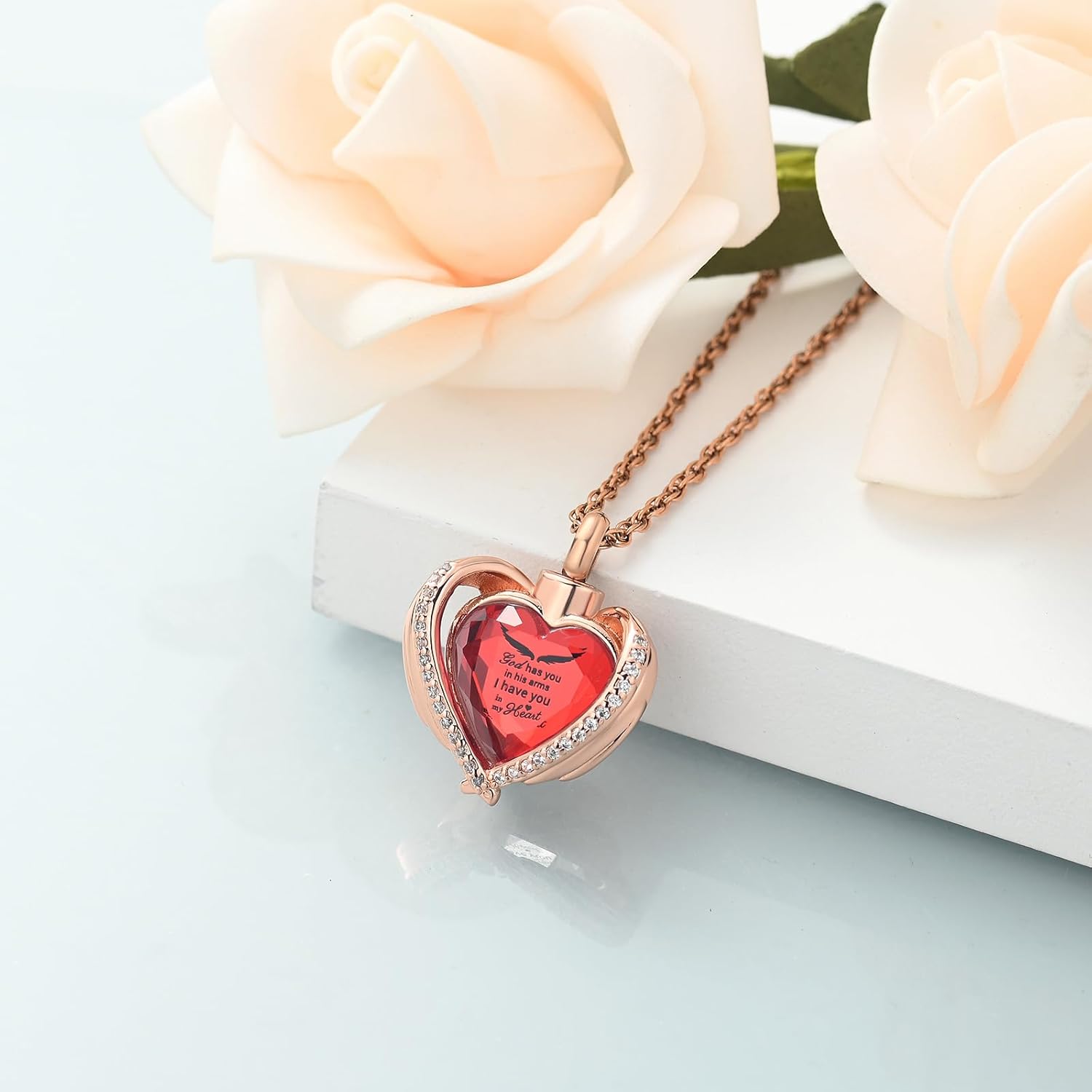 shajwo Collar de cenizas de urna de corazón de ala de ángel para mujeres y hombres, piedra natal amada, colgante conmemorativo