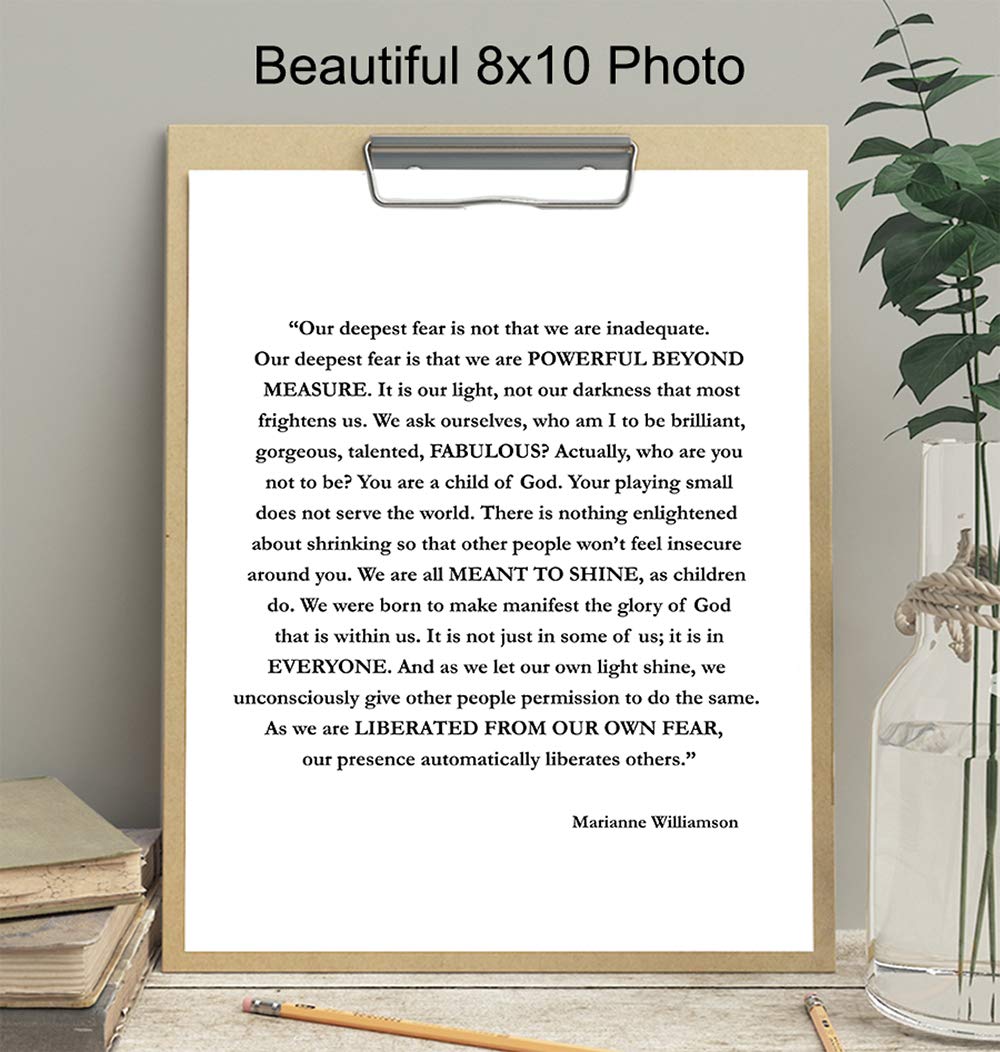 Marianne Williamson Deepest Fear Quote Wall Art Print – Perfect for Office and Home Decor – Makes a Great Affordable Gift – Inspirational and