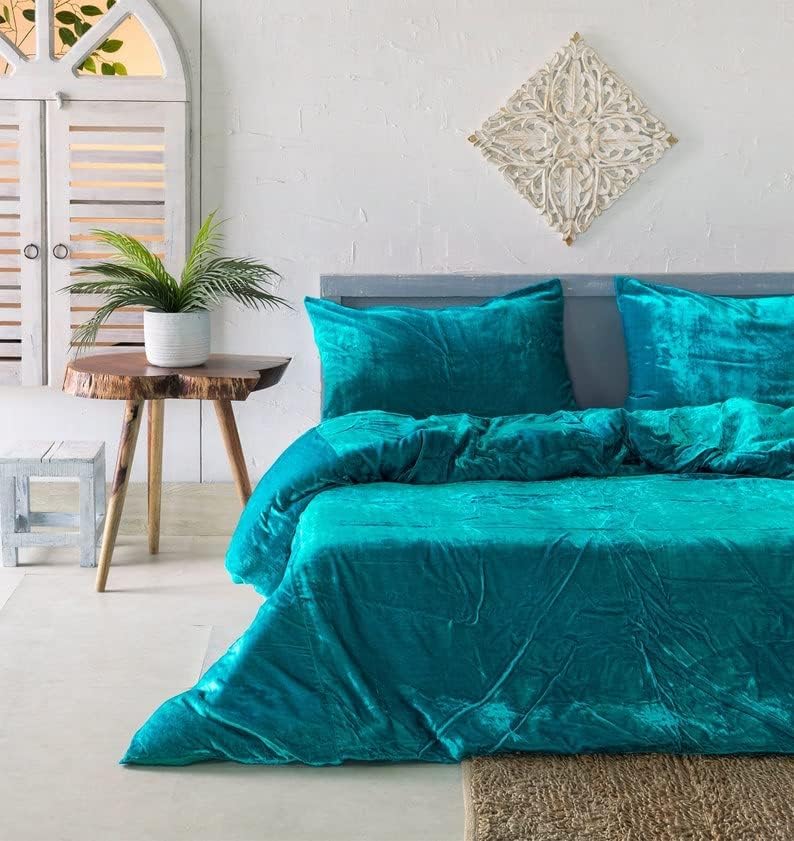 Funda de edredón de terciopelo sólido ultra lujosa, ropa de cama bohemia de 3 piezas, juego de ropa de cama de terciopelo (azul aguamarina, tamaño