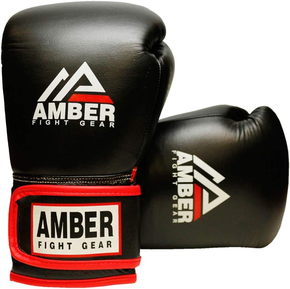 Amber Fight Gear Guantes de boxeo profesionales de cuero con gancho y bucle, guantes de boxeo para entrenamiento de kickboxing, guantes negros de 16