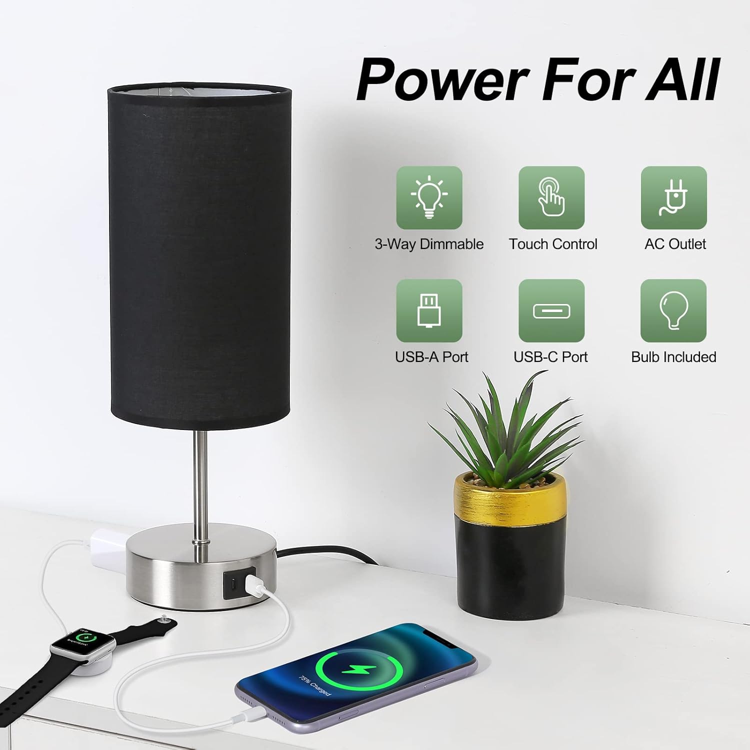 Yarra-Decor Lámpara de noche mejorada con puertos de carga USB A+C y salida de CA, lámpara de mesa de control táctil para dormitorio, lámpara de