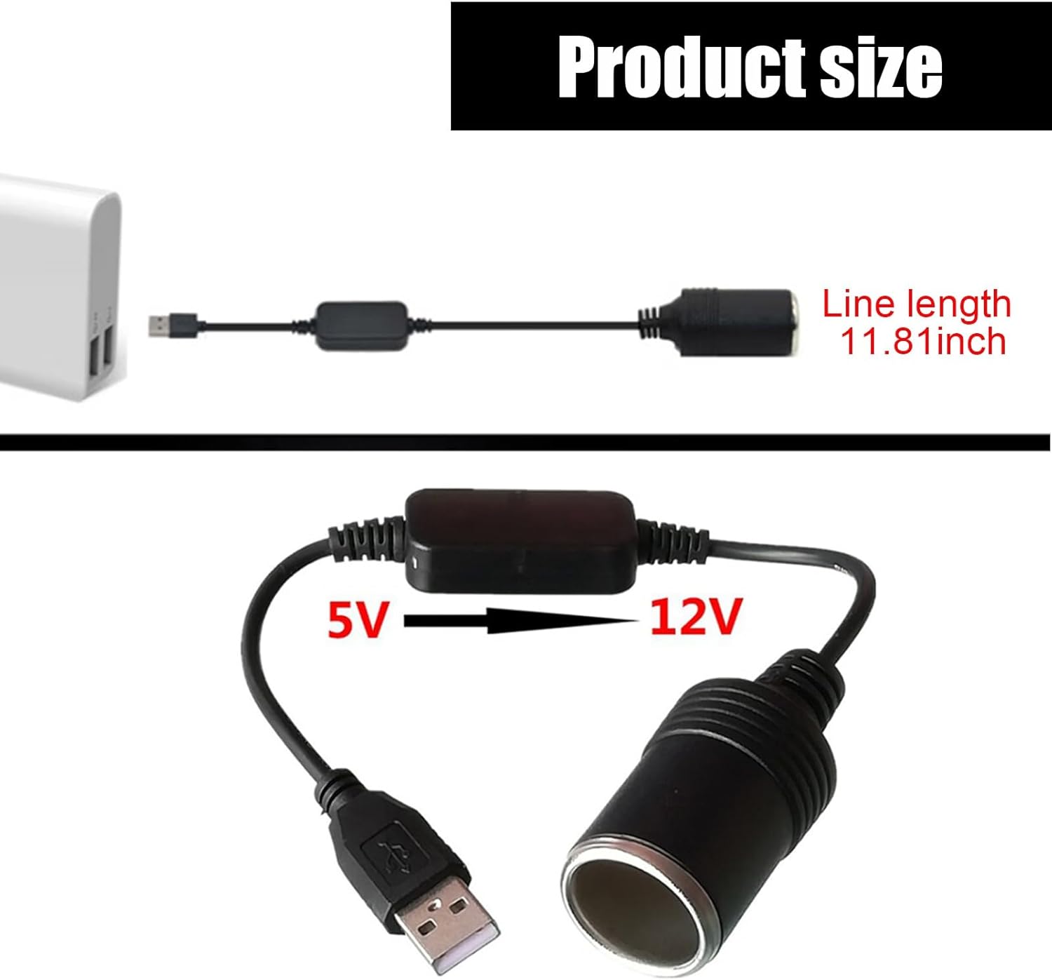 Adaptador USB para encendedor de cigarrillos de automóvil, 11.4 pies, de plástico, impermeable, de 5 V a 12 V, conexión de grabadora de conducción