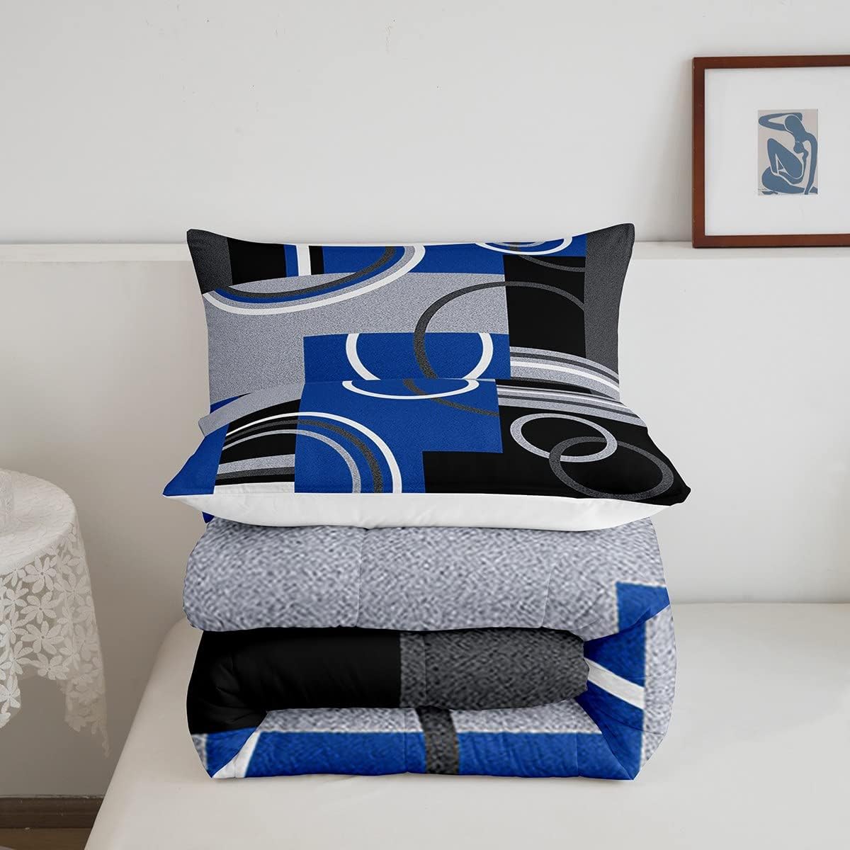 Juego de ropa de cama azul real, negro y gris, juego de edredón de espiral, diseño de rayas abstractas con estampado geométrico a cuadros, edredón