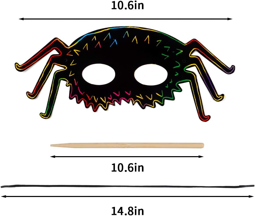 CCINEE 36 máscaras de papel para rascar de Halloween, mágicas máscaras artísticas para raspar con cordones elásticos y lápiz capacitivo de madera