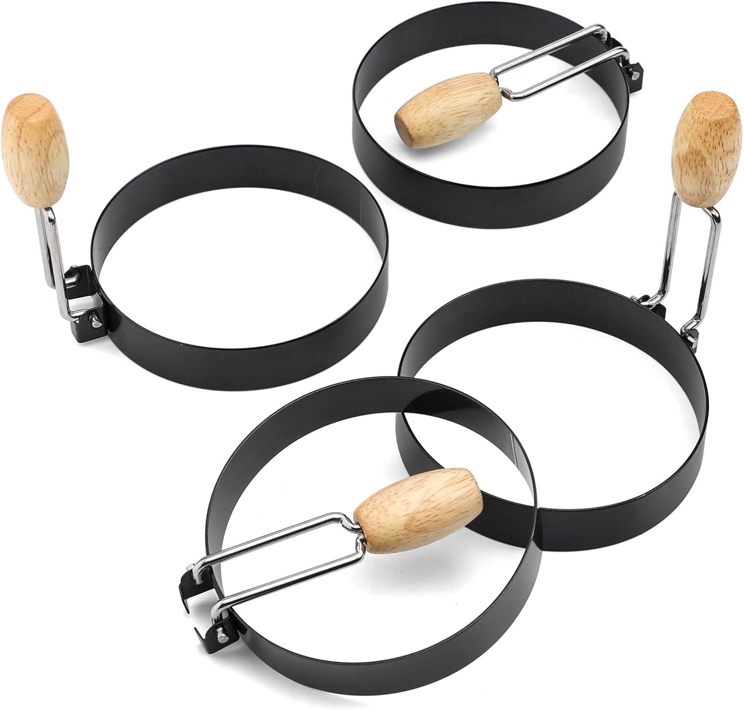 Anillos de huevo para freír huevos, 4 unidades, antiadherentes, tortilla y panqueques para plancha con mango de madera (juego de 4)