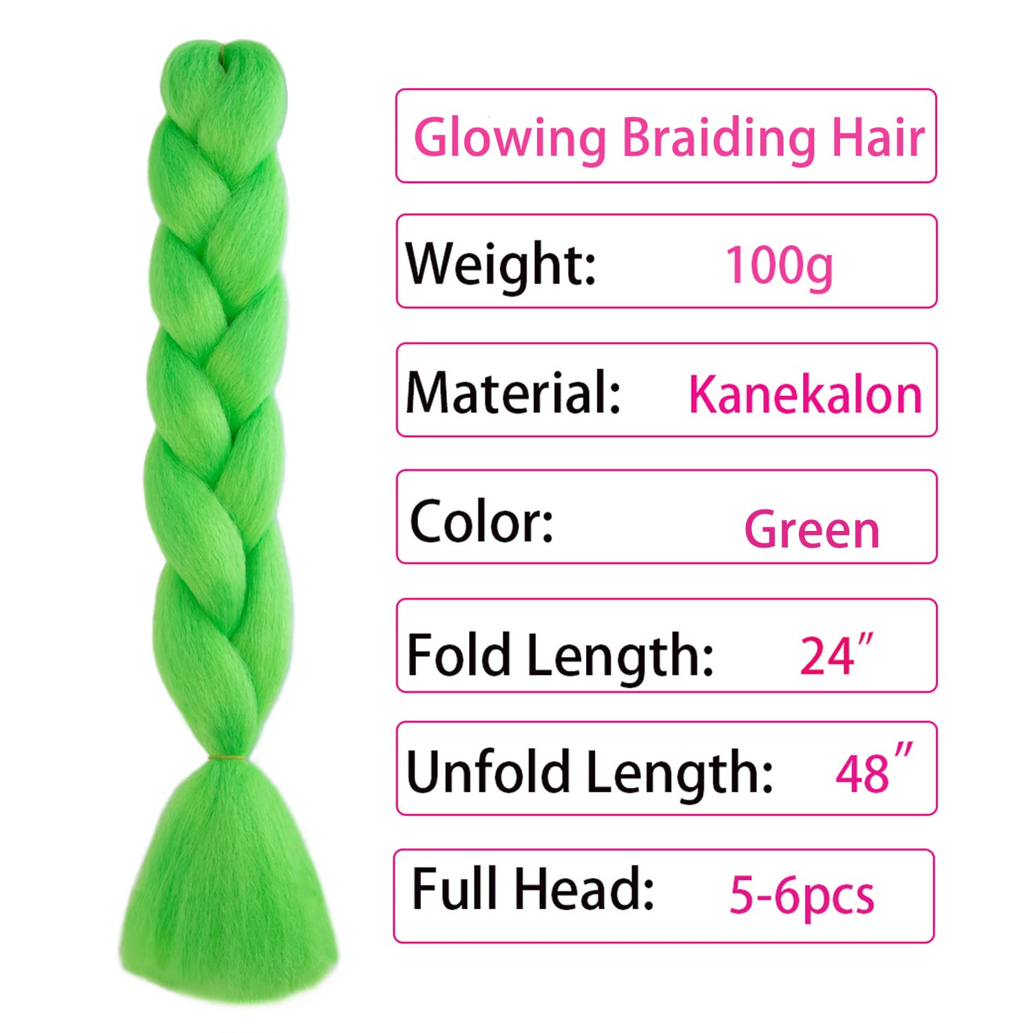 Itsuhair Extensiones de cabello trenzado Kanekalon de color verde neón para trenzar trenzas luminosas jumbo, extensiones de cabello trenzado que