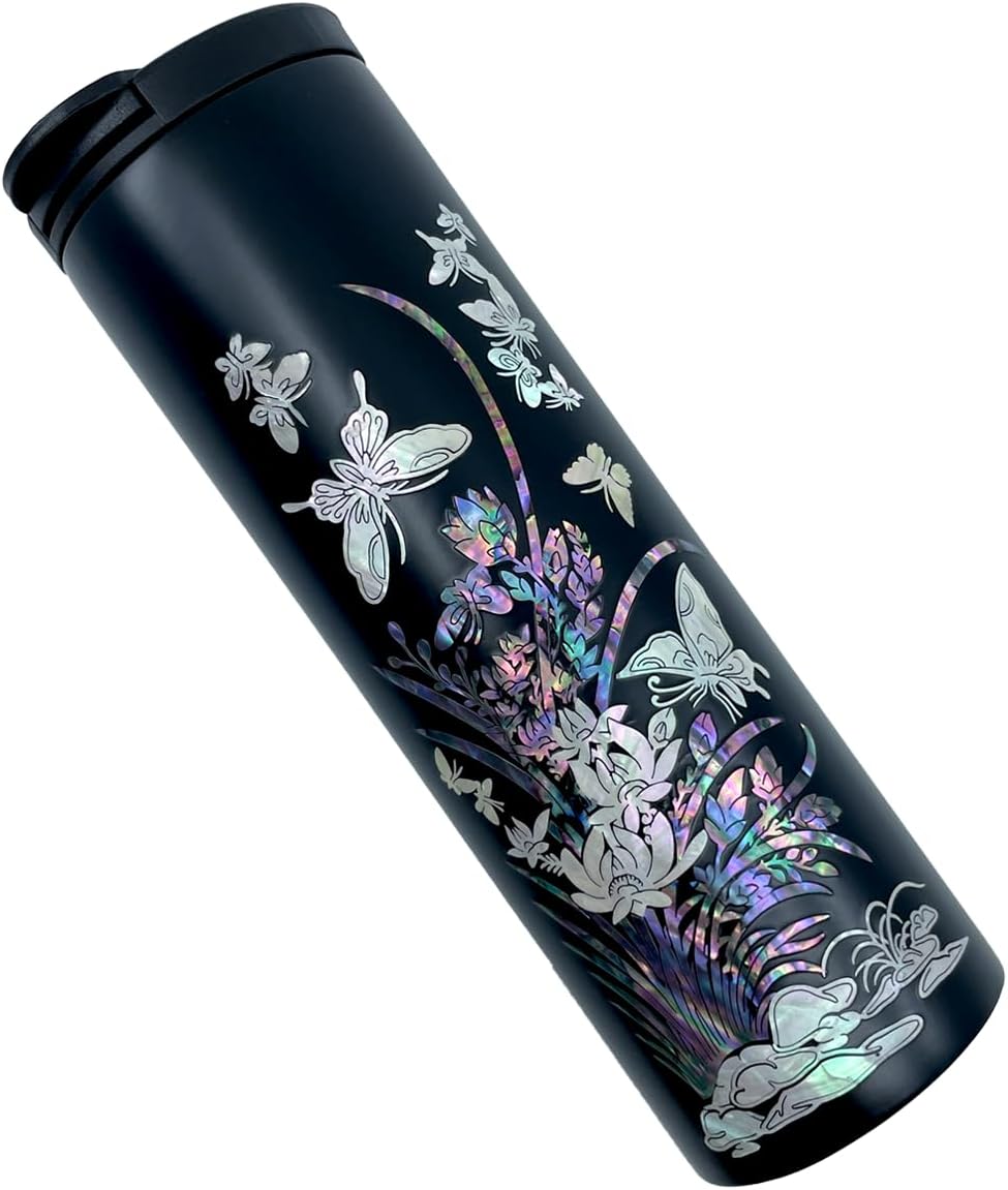 Botella de agua de viaje aislada al vacío, de acero inoxidable con tapa abatible segura, boca estándar, 16 onzas (orquídea)