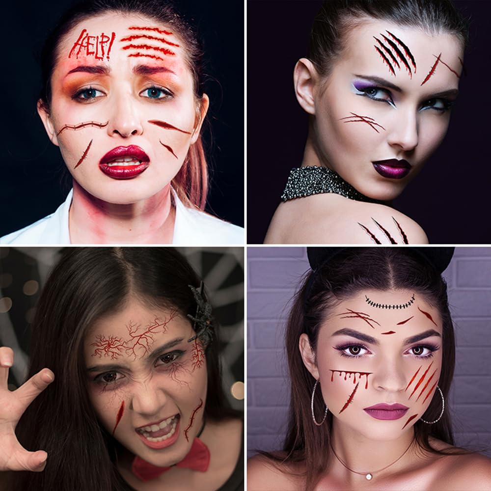 9 hojas de tatuajes temporales de Halloween, cicatrices de heridas de terror, impermeables, tatuajes adhesivos para fiestas de máscaras,