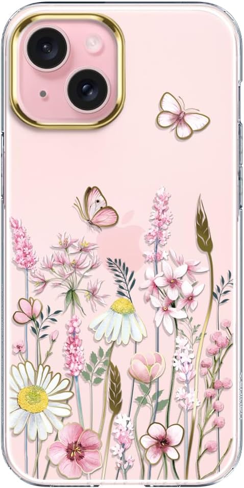 luolnh Funda compatible con iPhone 15 con correa de muñeca, para mujeres y niñas, a prueba de golpes, transparente, patrón floral, cubierta trasera