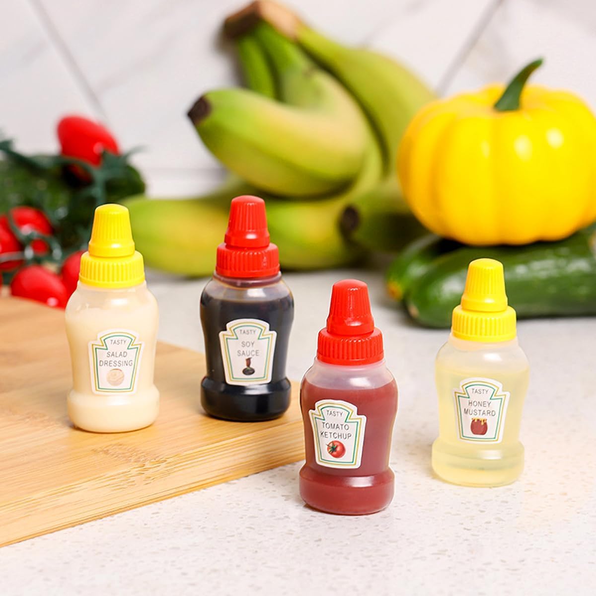 AitnWoy Mini botellas exprimibles de salsa de tomate de 0.8 onzas líquidas, caja Bento de miel, mostaza, salsa de condimentos, botella de aderezo