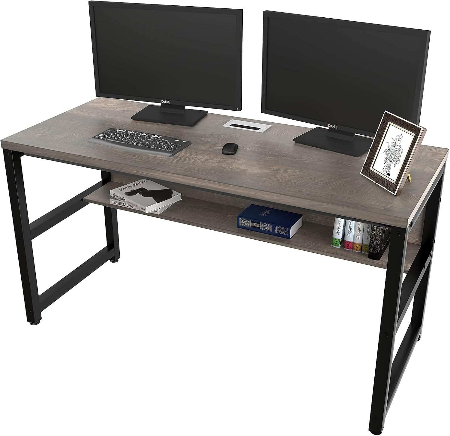 TOPSKY Escritorio para computadora con estanteríacubierta de cable con agujero de metal, escritorio de 1.18 pulgadas de grosor (55 pulgadas, gris