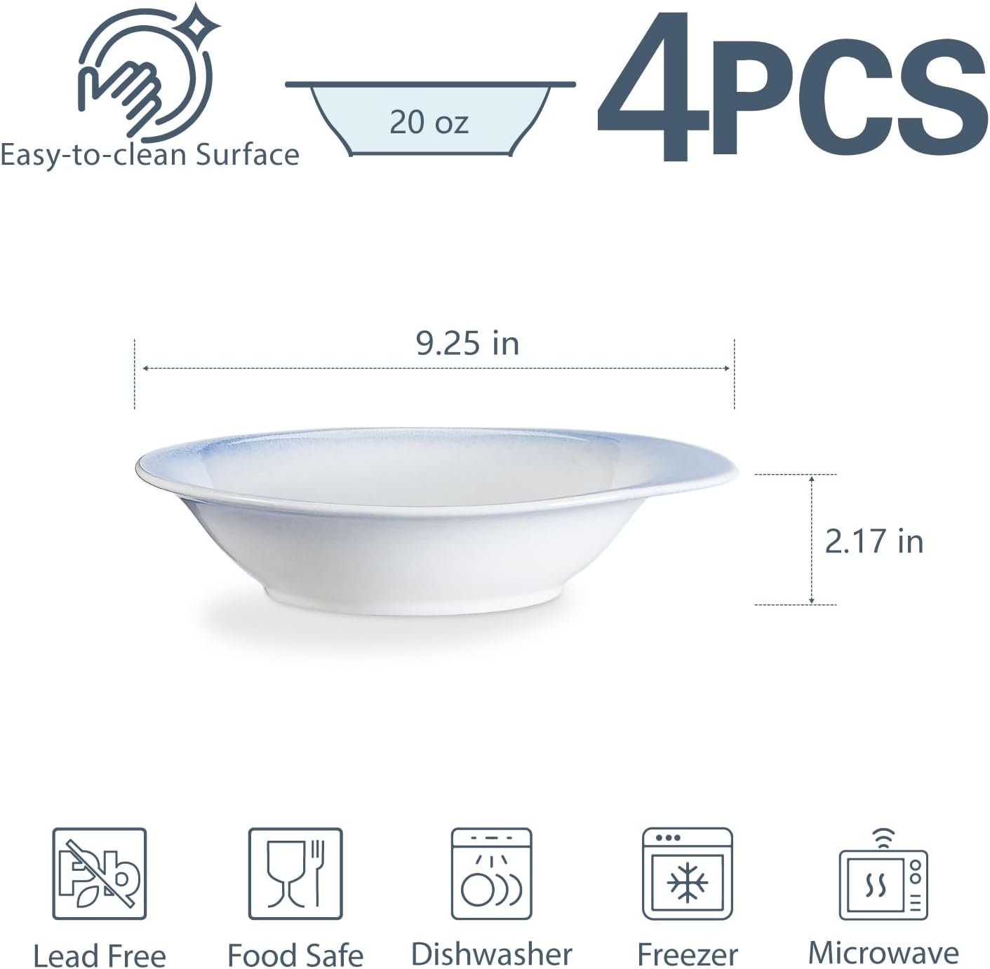 ONEMORE Tazones de sopa aptos para horno, cuencos de cerámica para pasta, de 20 onzas, juego de 4 cuencos de cereales anchos y poco profundos, aptos
