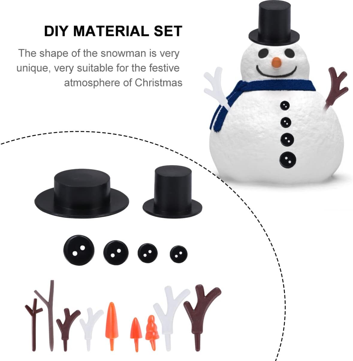 Milisten Kit de 344 botones de manualidades de muñeco de nieve navideño, 60 botones de nariz de zanahoria, 60 mini sombreros negros, 200 botones