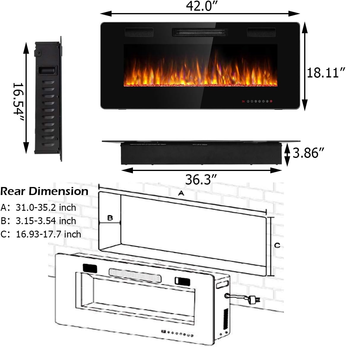 ORALNER Chimenea eléctrica de 42 pulgadas, calentador de chimenea empotrado y montado en la pared con 12 efectos de llama, 5 brillo, control remoto