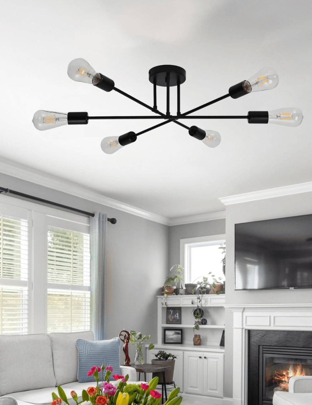 Candelabro Sputnik de metal industrial para sala, comedor, dormitorio, cocina, granja, oficina (6 luces, negro, ancho 23.8 pulgadas, altura 7.1