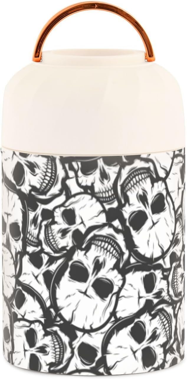 Skulls Black White Kids Womens Food Insulated Jar with Spoon 17oz500ml Food Storage Containers Stainless Steel Vacuum Keep Warm Lunch Container for