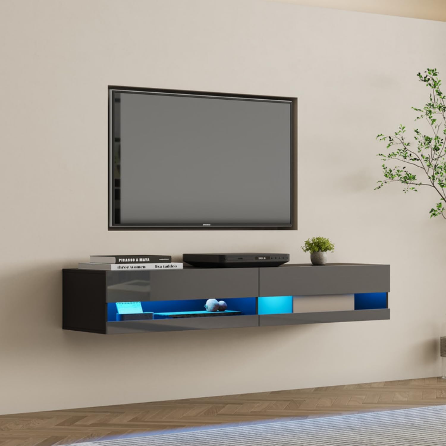 Armario flotante de TV montado en la pared con luces LED, centro de entretenimiento de alto brillo con almacenamiento, consola multimedia moderna de