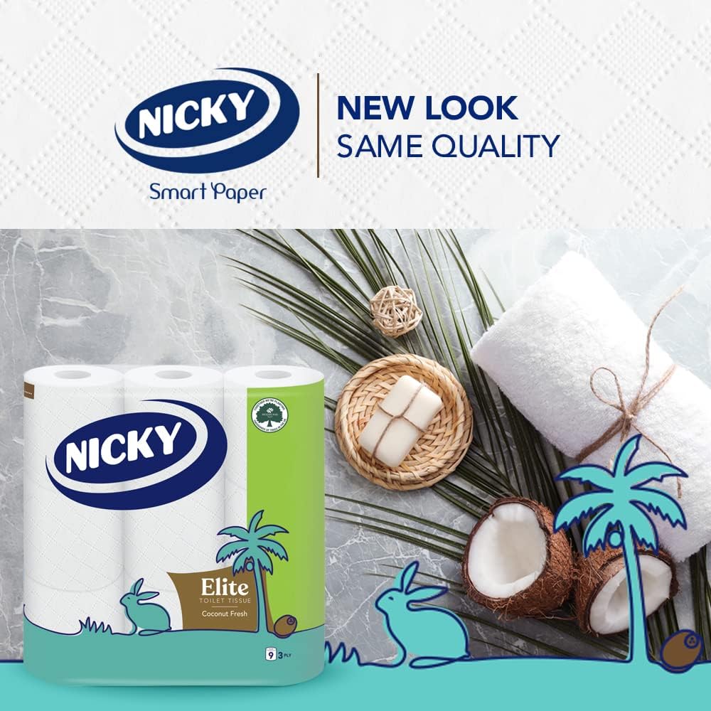 Nicky Elite Coconut Fresh – Papel higiénico con 45 rollos de papel higiénico blanco, 168 hojas por rollo, 3 capas, aroma exótico de coco, suavidad y