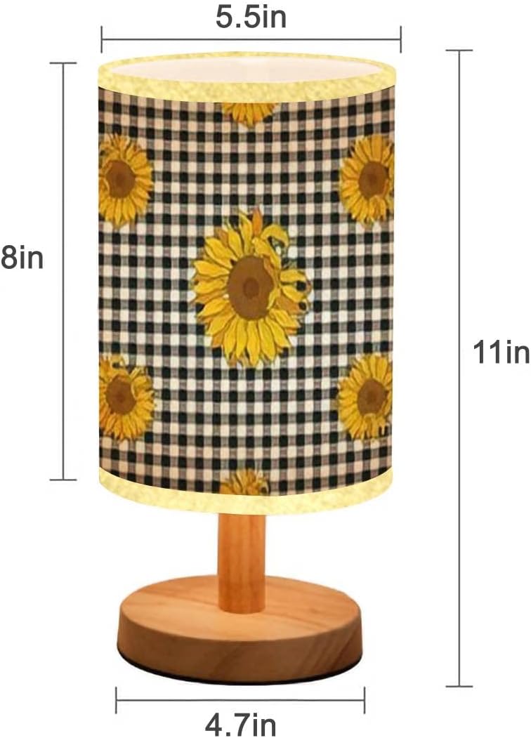 Lámpara minimalista para mesita de noche, girasoles brillantes, a cuadros de búfalo blanco y negro, a cuadros, sin costuras, floral, de madera,