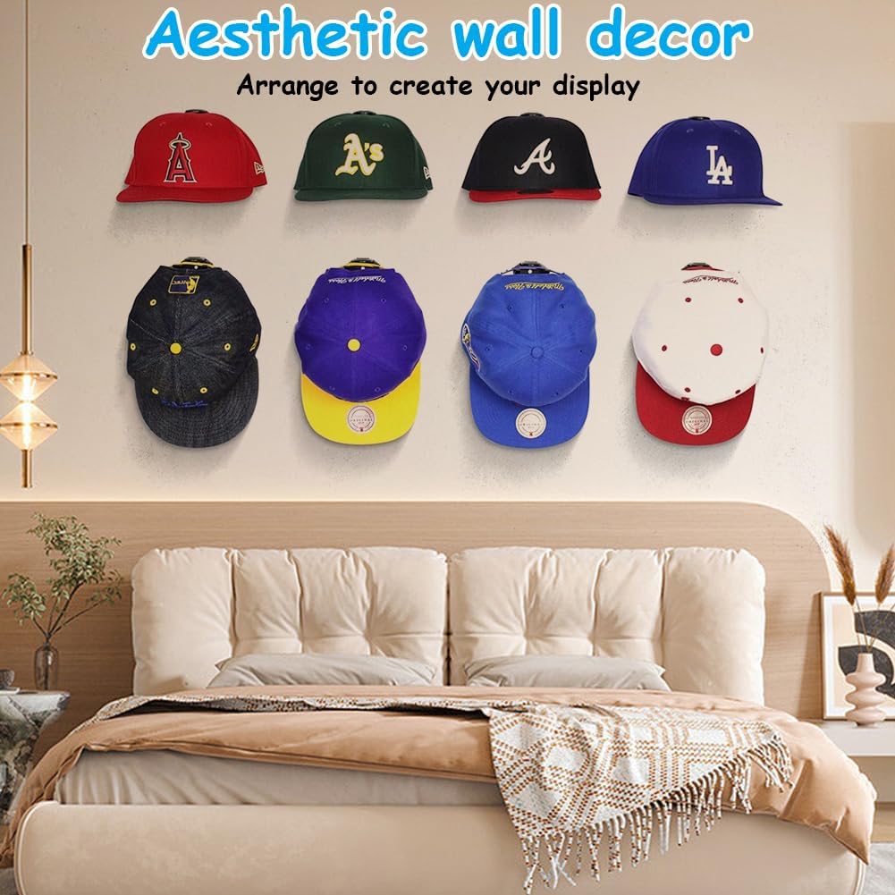 Aohcae Paquete de 16 percheros adhesivos para gorras de béisbol de pared, sin perforaciones, para organizador de sombreros de pared, ganchos