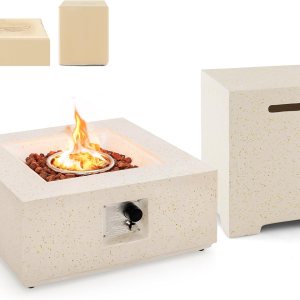 Tangkula Mesa para fogata de propano para patio de 28 pulgadas con soporte para tanque oculto, mesa de fuego de gas terrazo de 40,000 BTU con rocas Tangkula Mesa para fogata de propano para patio de 28 pulgadas con soporte para tanque oculto, mesa de fuego de gas terrazo de 40,000 BTU con rocas
