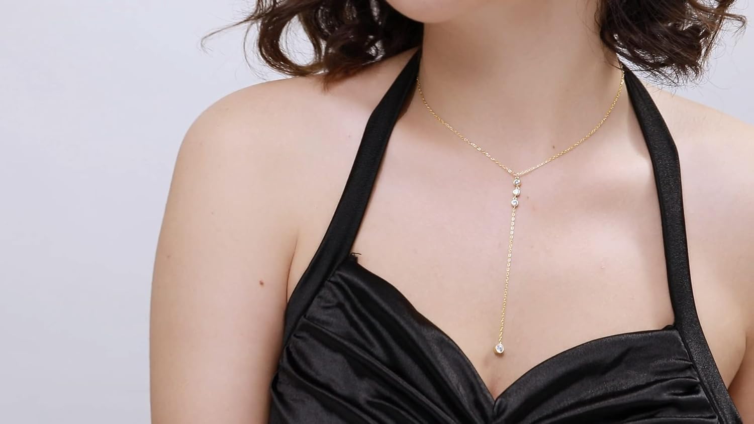 Handmade Sterling Silver Lariat Necklace, Simulated Diamond Dainty Drop Y Chain Necklace for Women (Round diamonds-Gold)