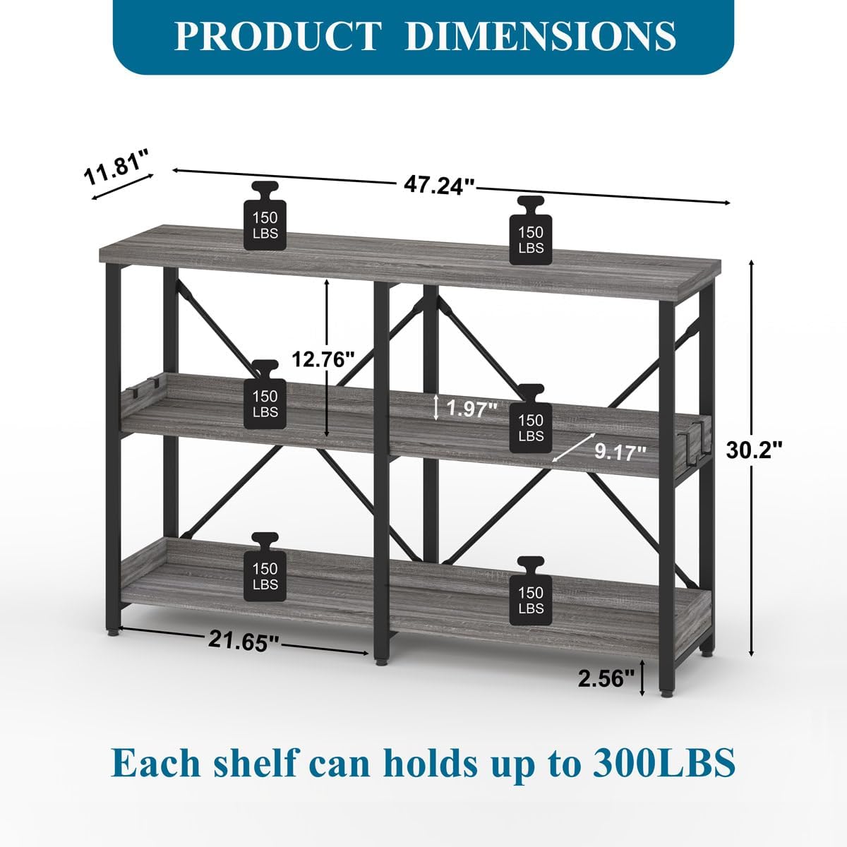 BON AUGURE Mesa consola industrial para sofá detrás del sofá, mesa de entrada de metal de madera con estantes, mesas estrechas de 3 niveles para