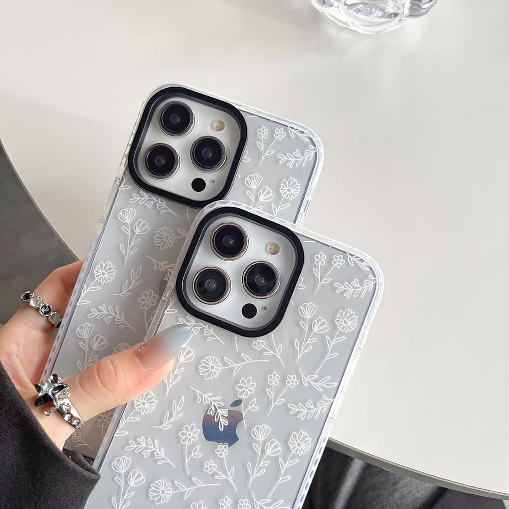 Bonito diseño de flores blancas pequeñas compatible con iPhone 14 Pro Max, funda protectora de silicona a prueba de golpes para mujer, funda
