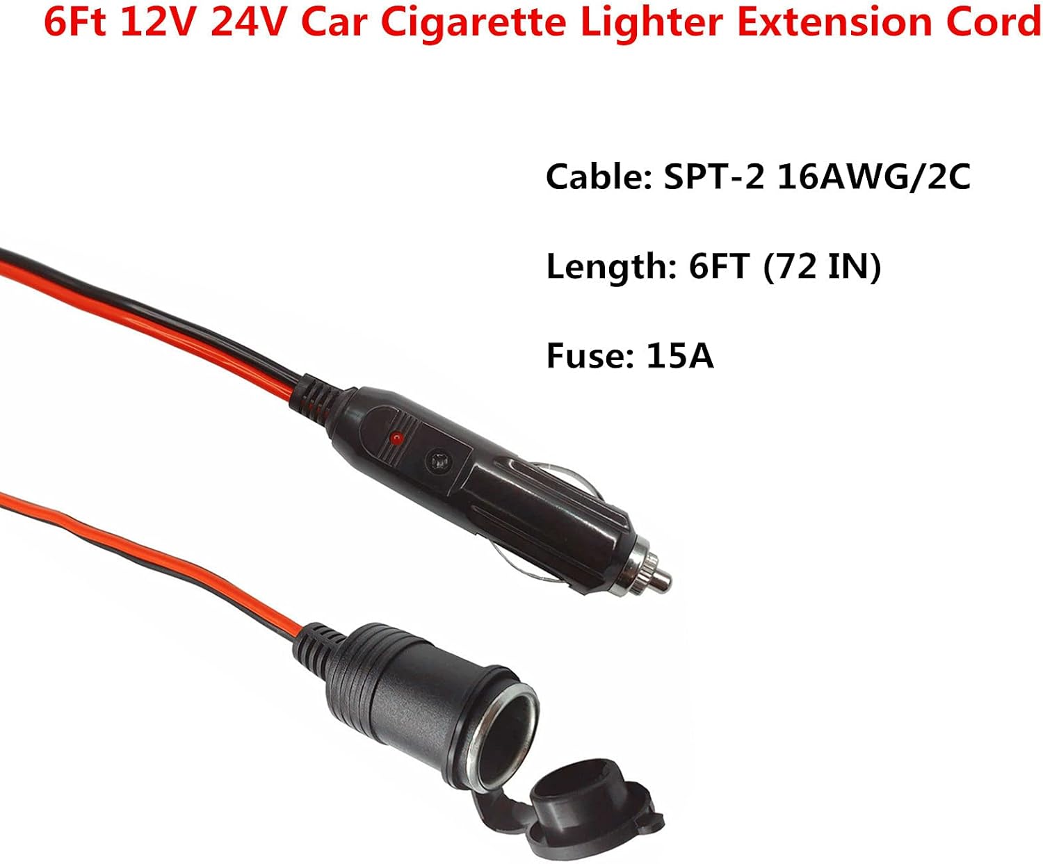 Cable de extensión para encendedor de cigarrillos, enchufe macho de 6 pies a enchufe hembra, adaptador de cable de extensión con indicador de luces