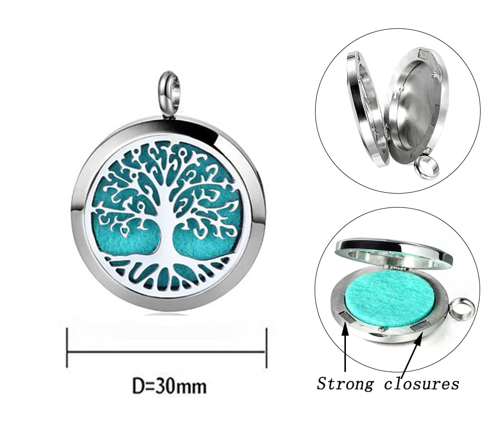 Collar difusor de aceite esencial para aromaterapia, diseño de árbol de la vida, colgante de medallón de acero inoxidable