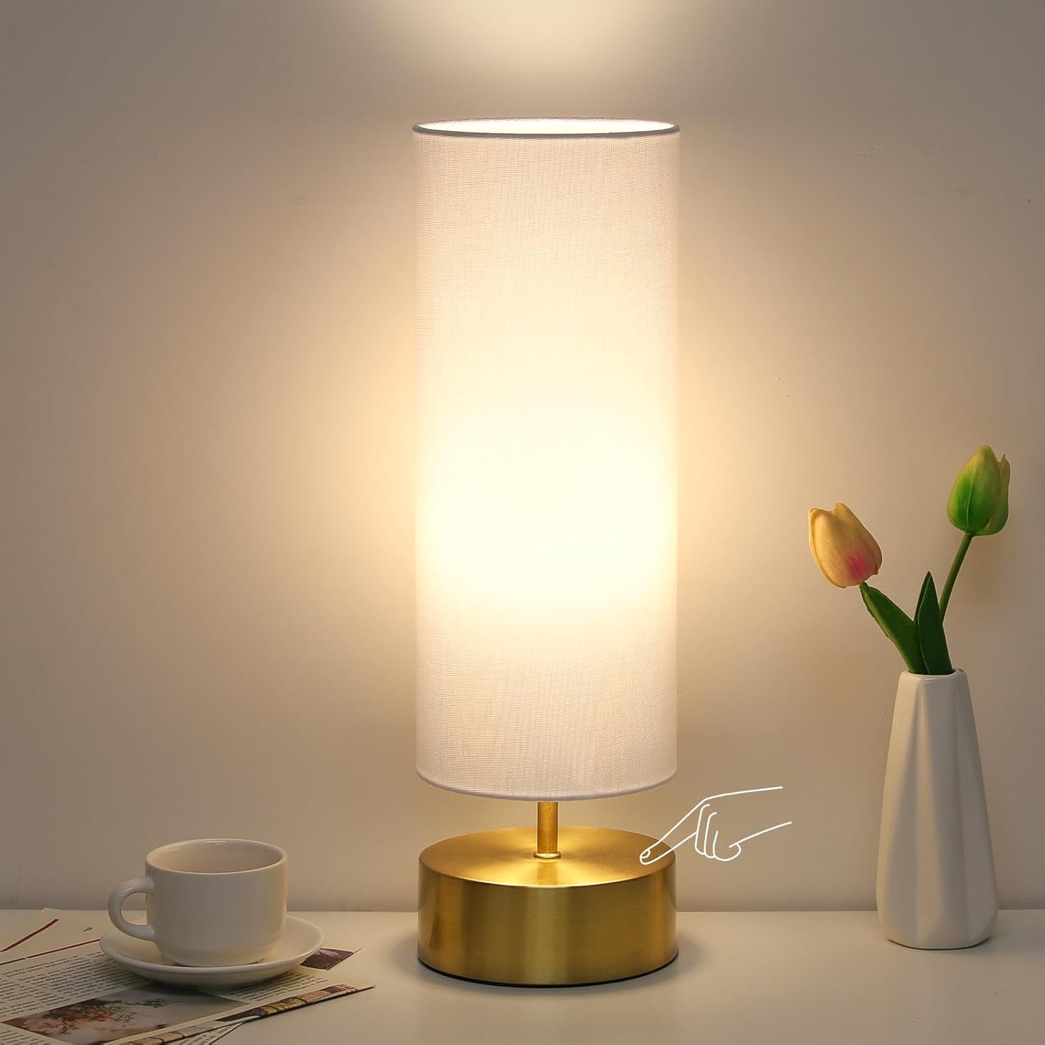 Lámpara de mesa regulable de 3 vías, lámpara de mesa de noche con control táctil con pantalla blanca, lámpara táctil moderna dorada, lámpara de mesa