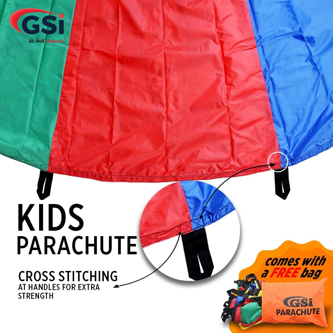 GSi Kids Play Parachute 24 Ft, 30Ft, 35Ft Toy with Handles and Carry Bag for Cooperative Play and for Upper-Body Strength  Multi-Colored