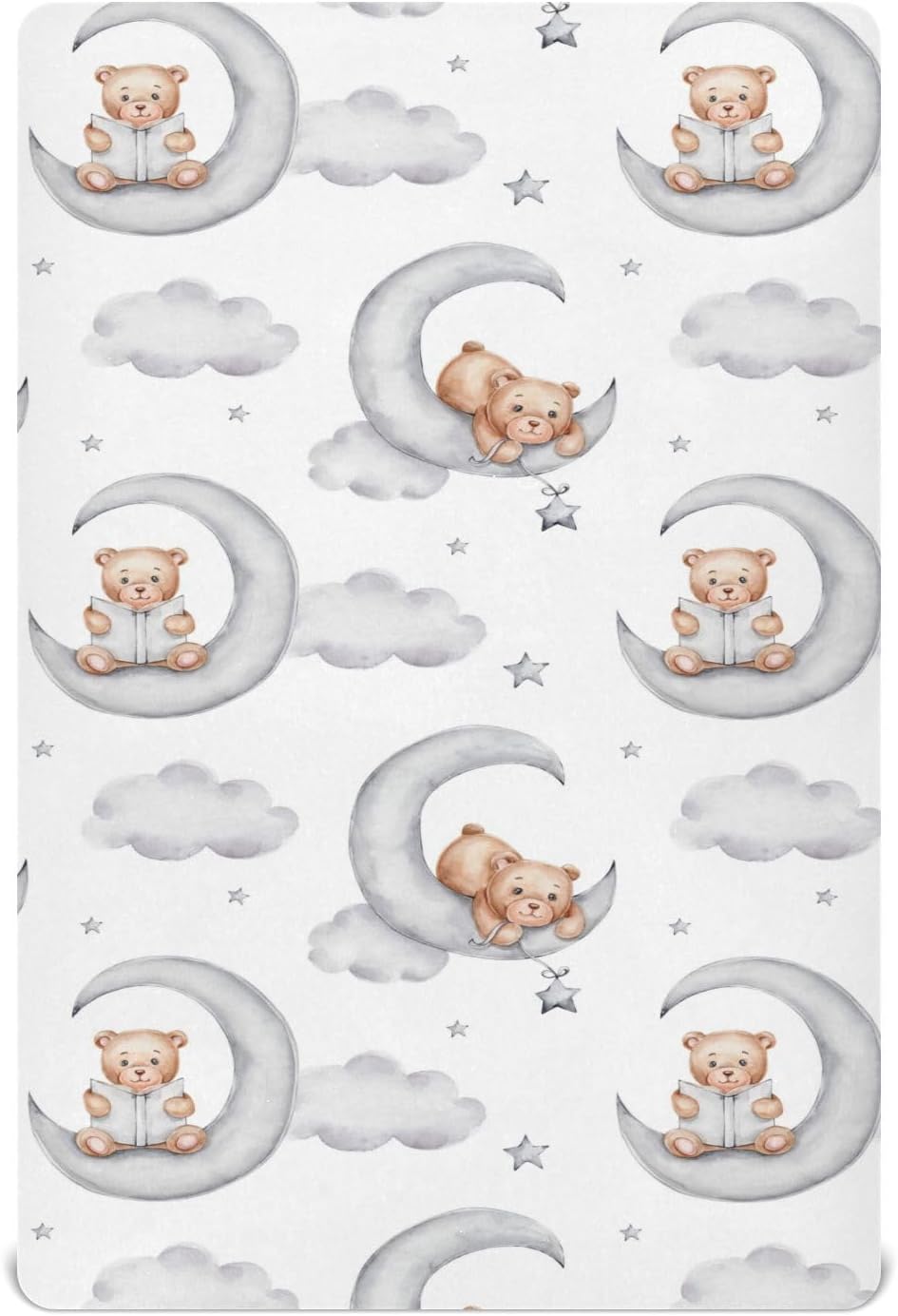 Sábana bajera ajustable para cuna para niños y niñas, diseño de osos kawaii con luna, nubes grises, estrellas, acuarela, para cuna para niños