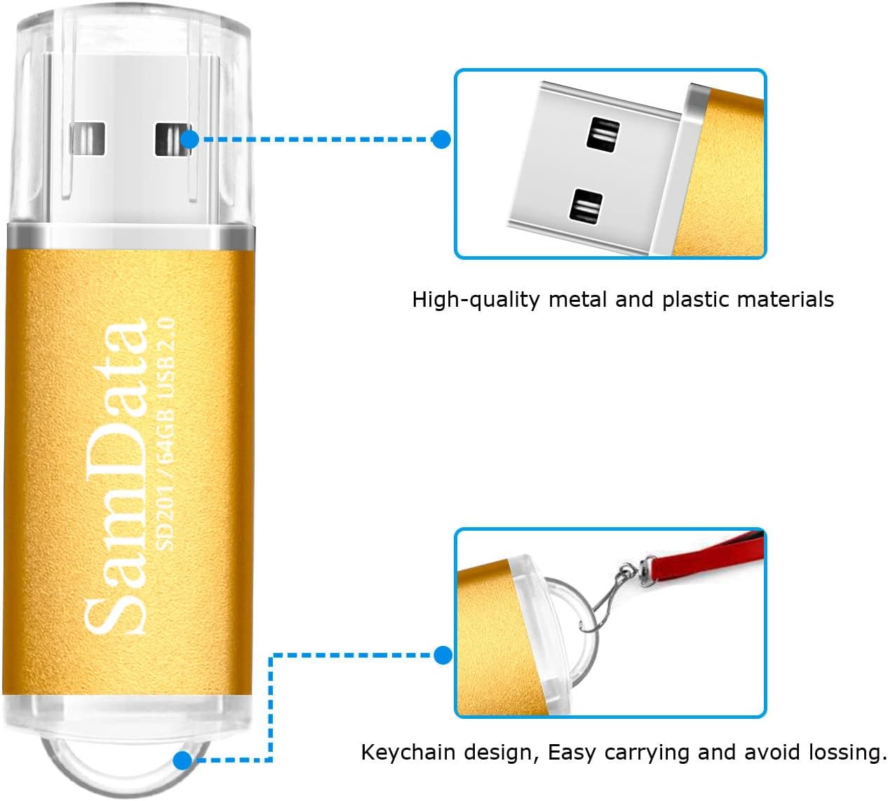 Paquete de 1 unidad flash USB de 64 GB USB 2.0 Memoria Stick Jump Drive Zip Drive, oro