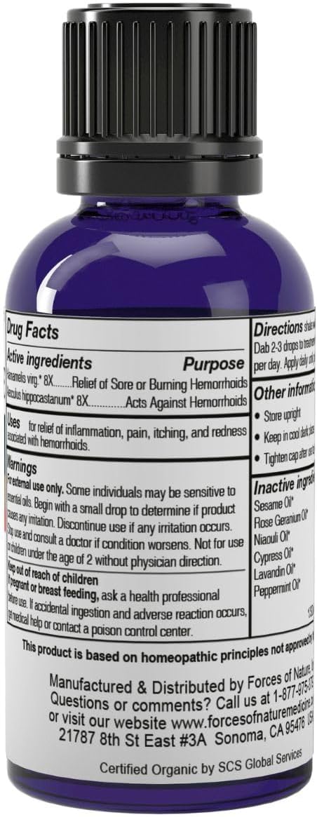 Forces of Nature Extra fuerte, control de hemorroides, 1.0 fl oz, natural, orgánico certificado, sin OMG, aceites esenciales