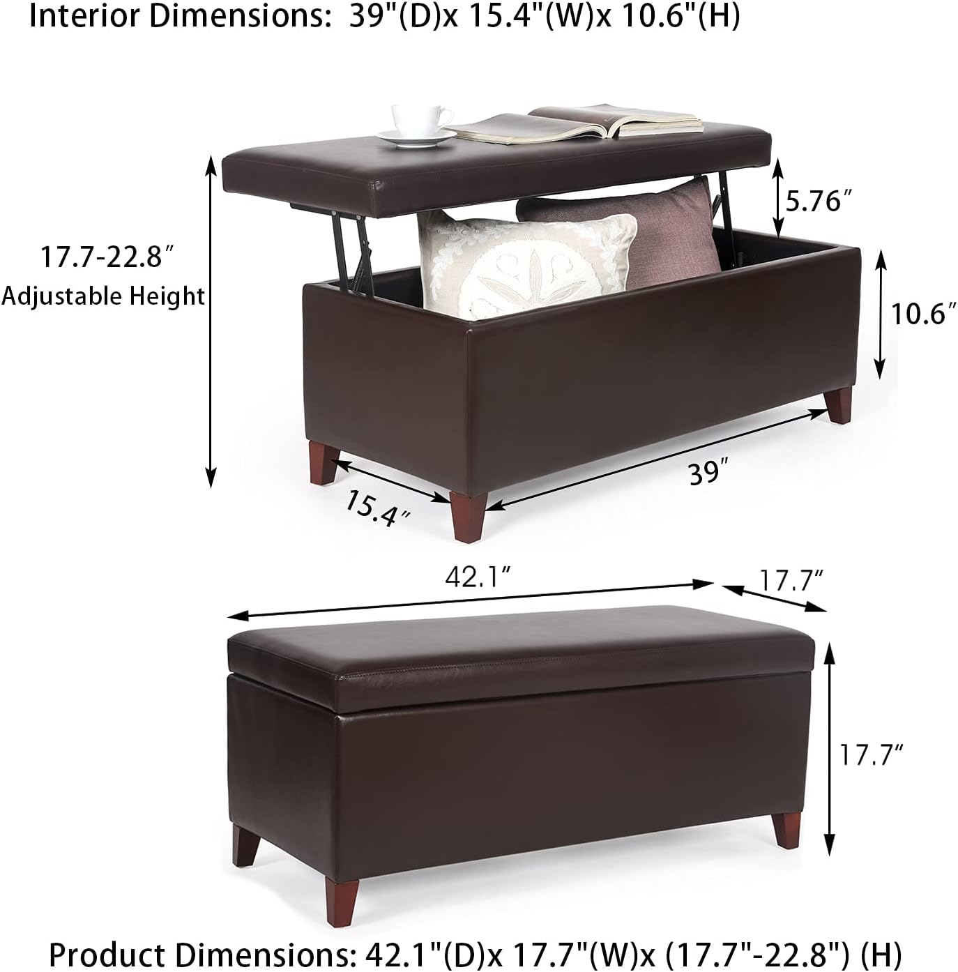 Homebeez Moderno banco otomano de almacenamiento de mesa de centro de cuero sintético (marrón)