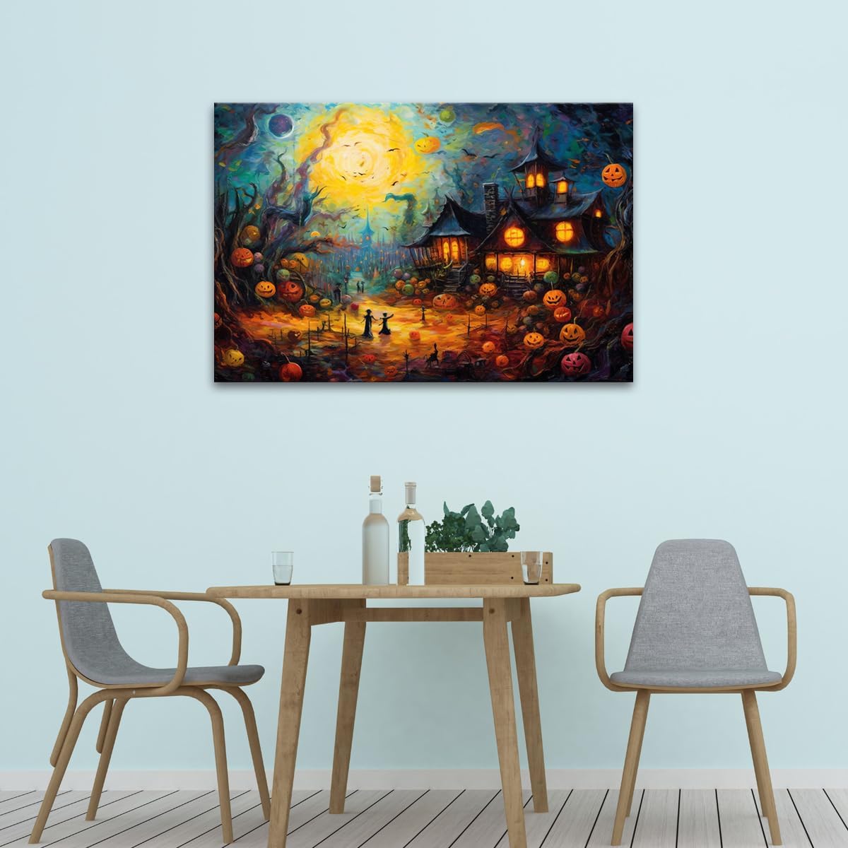 Impresiones en lienzo de noche de Halloween, arte de pared e imágenes espeluznantes de 12 x 18 pulgadas enmarcadas