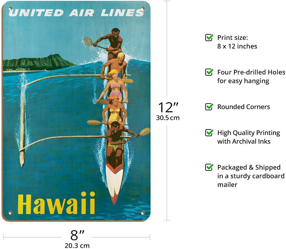 Hawái – United Air Lines – Cartel de viaje vintage de aerolínea por Stan Galli c.1960 – Cartel artístico vintage de madera de 8 x 12 pulgadas