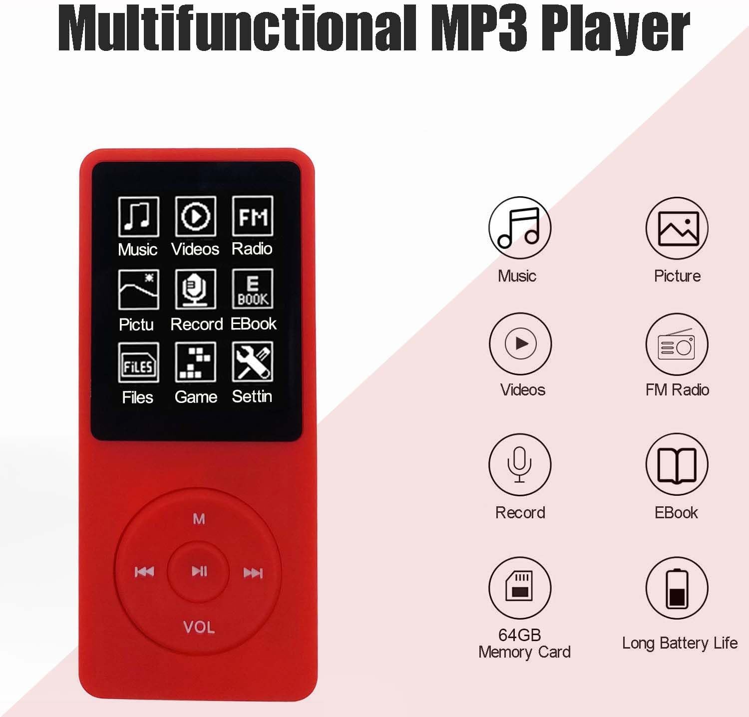 Reproductor de MP3 de 64 GB con altavoz Auriculares Reproductor de música portátil para niños Soporte de músicaimagenvideograbación de vozlibro