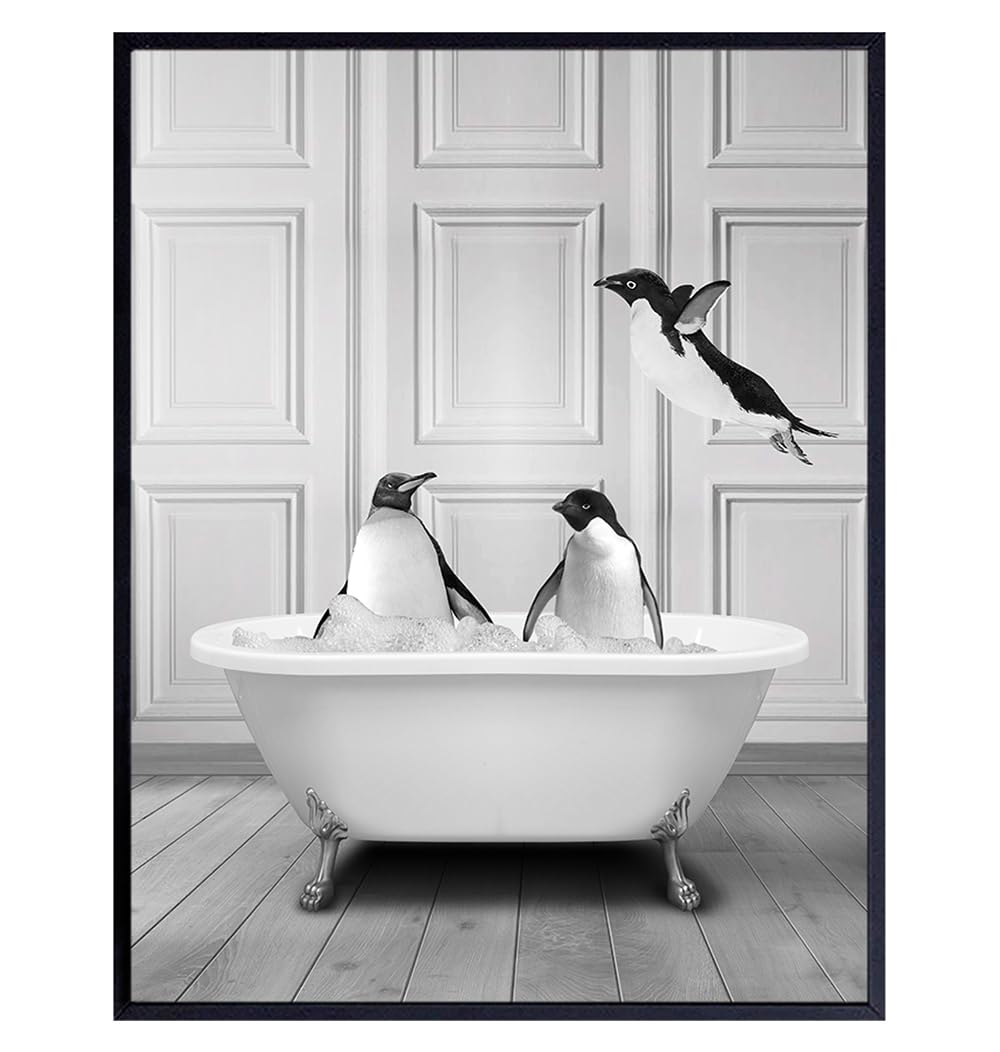 Cute Penguin Bathroom Wall Art LARGE 11×14 – Funny Black Bathroom Decor – Unique Bathroom Wall Decor – Guest Bathroom Art – Powder room Wall Art –