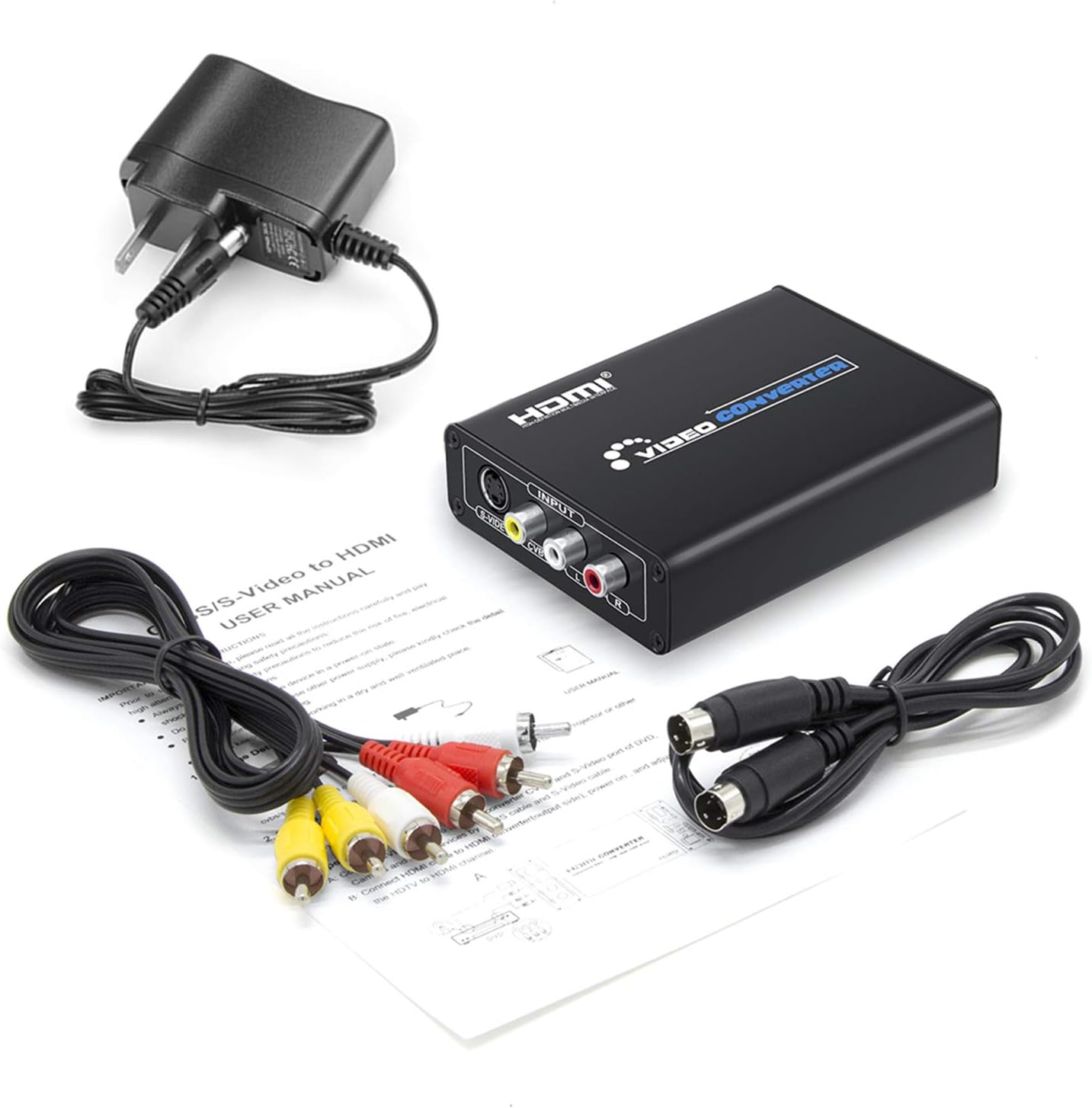 Convertidor RCA Svideo a HDMI con cables RCA + S-Video, RCA compuesto CVBS AV o Svideo + entrada de audio RL a salida HDMI Convertidor de lujo