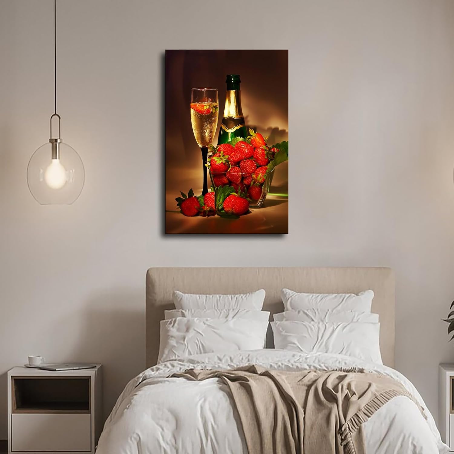 Póster de copa de vino de champán de fresa, lienzo impreso, pintura, arte de pared, hogar, pasillo, dormitorio, sala de estar (24 x 36 pulgadas, sin