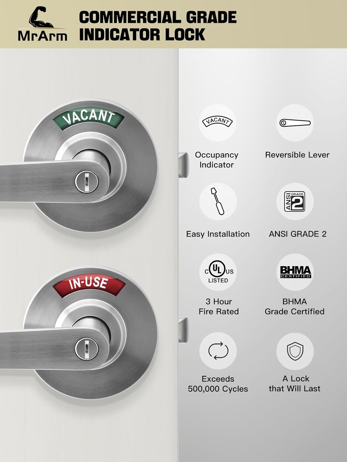 Cerradura y palanca indicador de privacidad, manija de puerta comercial de grado 2, manija de puerta de baño perfecta para baños públicos,