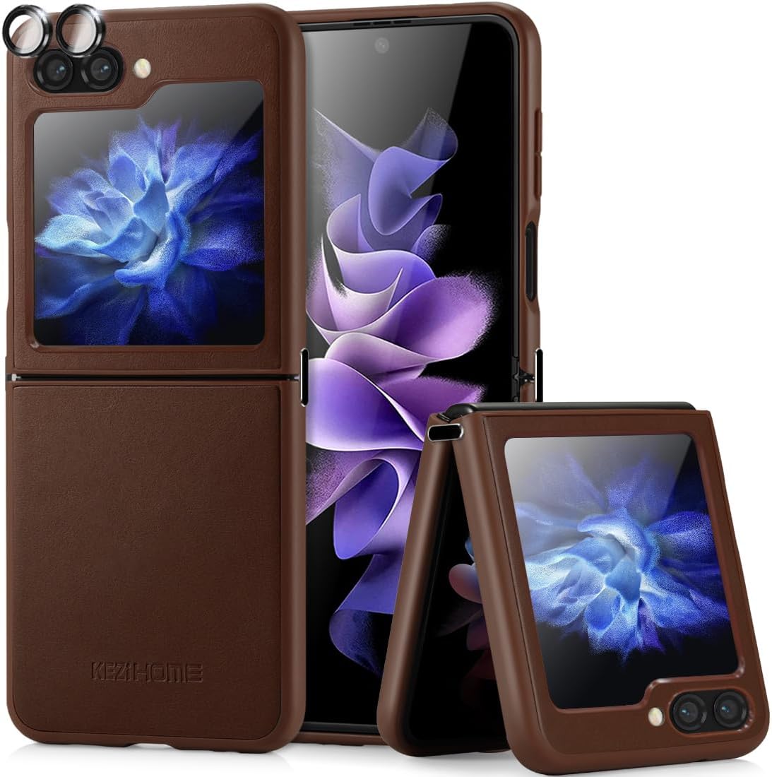 KEZiHOME Funda para Samsung Galaxy Z Flip 5 con protector de pantalla integrado, funda de cuero genuino para Samsung Z Flip 5 con cubierta para