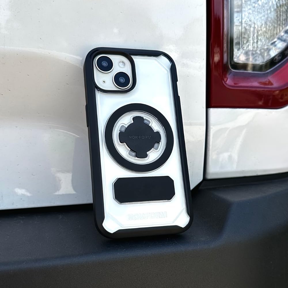 Rokform – Funda para iPhone 15, serie Crystal, funda magnética transparente para iPhone 15 con bloqueo giratorio RokLock, armadura delgada probada